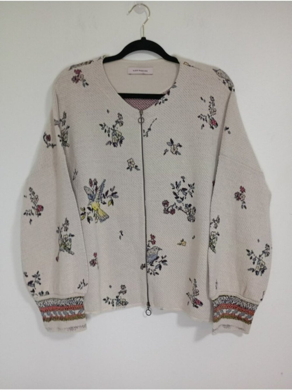 Aldo Martins Floral Knit Jacket Patterned Cuffs Beige Sz 12 Viscose Blend Womens